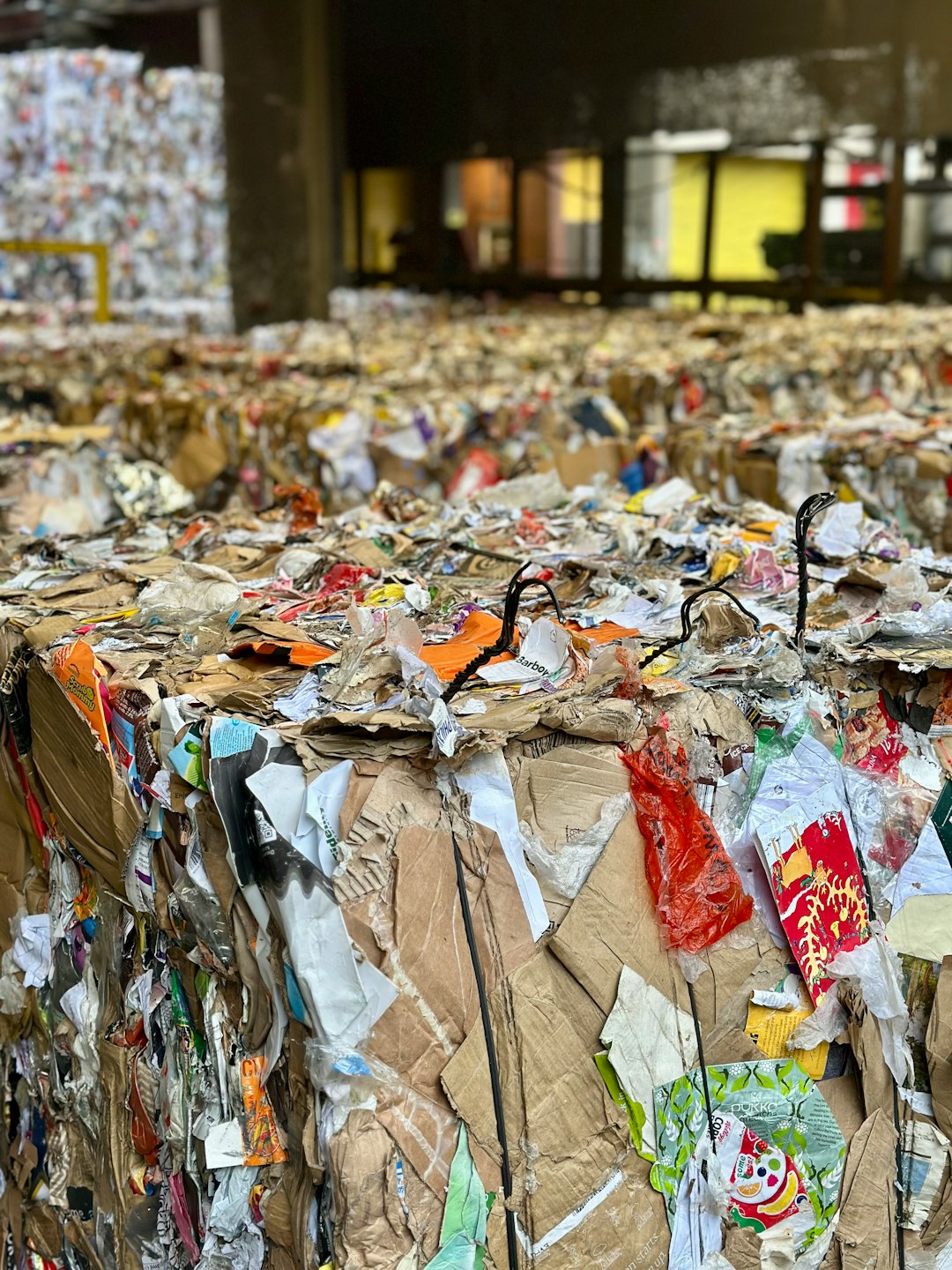 Cardboard recovered from the recycling facility at Western Riverside in Wandsworth. Bags of recycling are processed both mechanically and by hand to separate paper, plastic, glass and metal tins. The bales of cardboard, plastic and aluminium are then sold and transported to be reused.